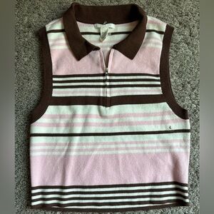 Pink and Brown Striped Sleeveless Polo Top